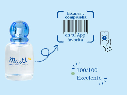 El perfume Musti de Mustela para bebé y niños tiene una nota de 100/100 en la app Yuka, es decir, excelente, sin ingredientes cuestionables o tóxicos.  - Mustela España - 4