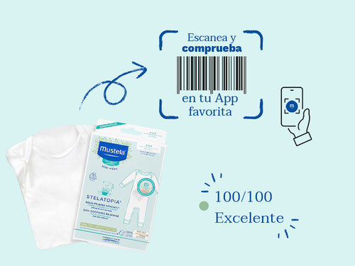 El pijama de alivio stelatopia de Mustela bebé y niños tiene una nota de 100/100 en la app Yuka, es decir, excelente, sin ingredientes cuestionables o tóxicos.  - Mustela España - 6