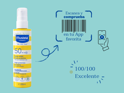 El spray solar de Mustela para proteger la piel de  bebé y niños tiene una nota de 100/100 en la app Yuka, es decir, excelente, sin ingredientes cuestionables o tóxicos.  - Mustela España - 6