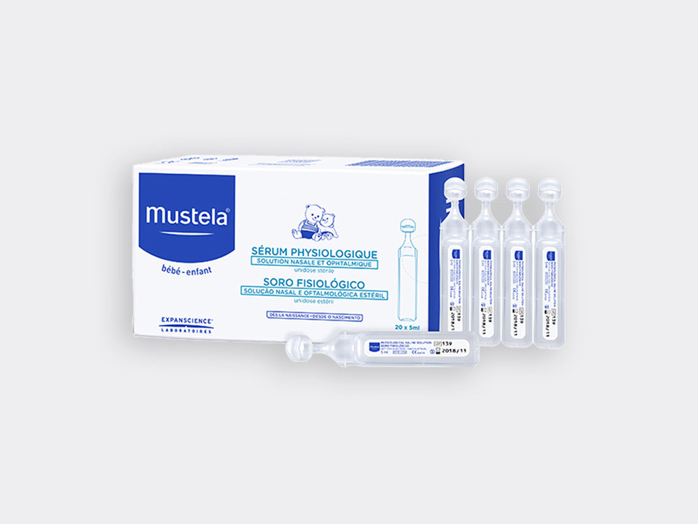 Caja de suero fisiológico para bebés en 20 monodosis de 5ml cada una, para una limpieza práctica de las fosas nasales y los ojos, sin desperdiciar producto.