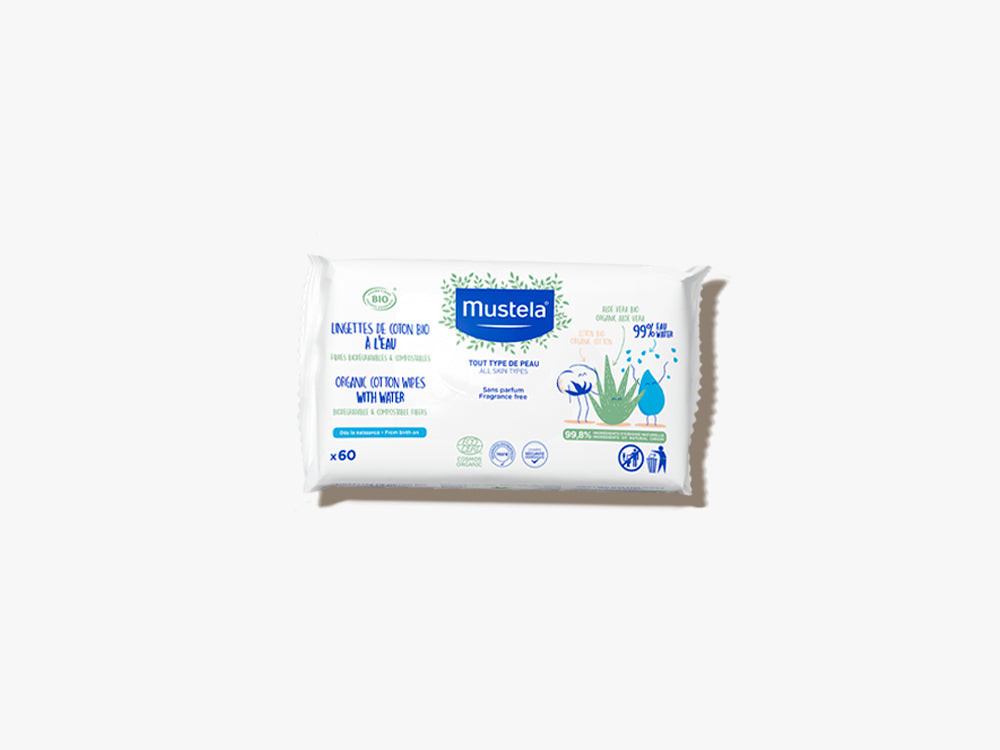 Las toallitas húmedas ultrasuaves de Mustela están hechas 100% de fibras naturales, son biodegradables y compostables.
